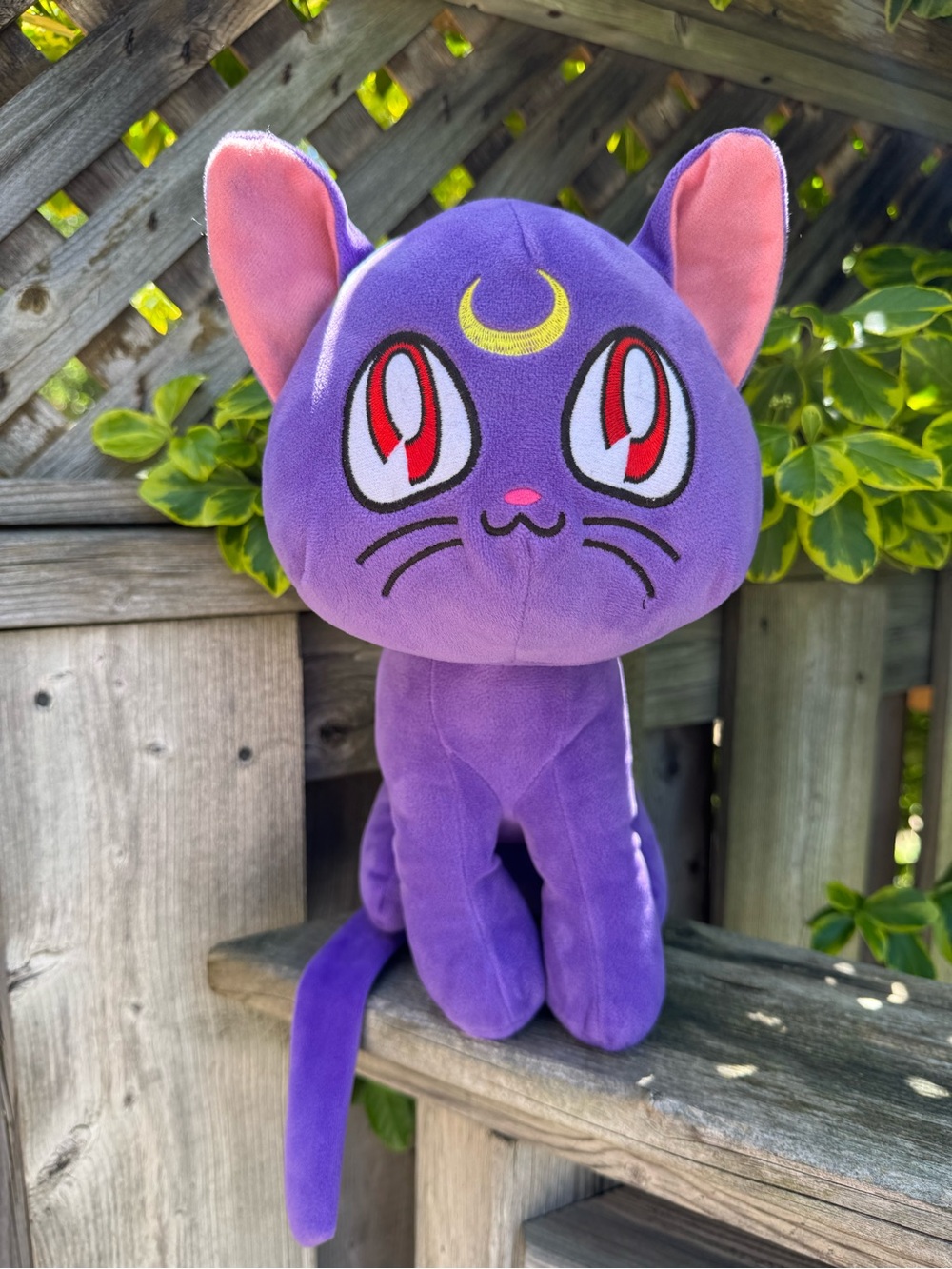Sailor Moon Luna Purple Cat Plush Toy with Pink Ears and Yellow Crescent